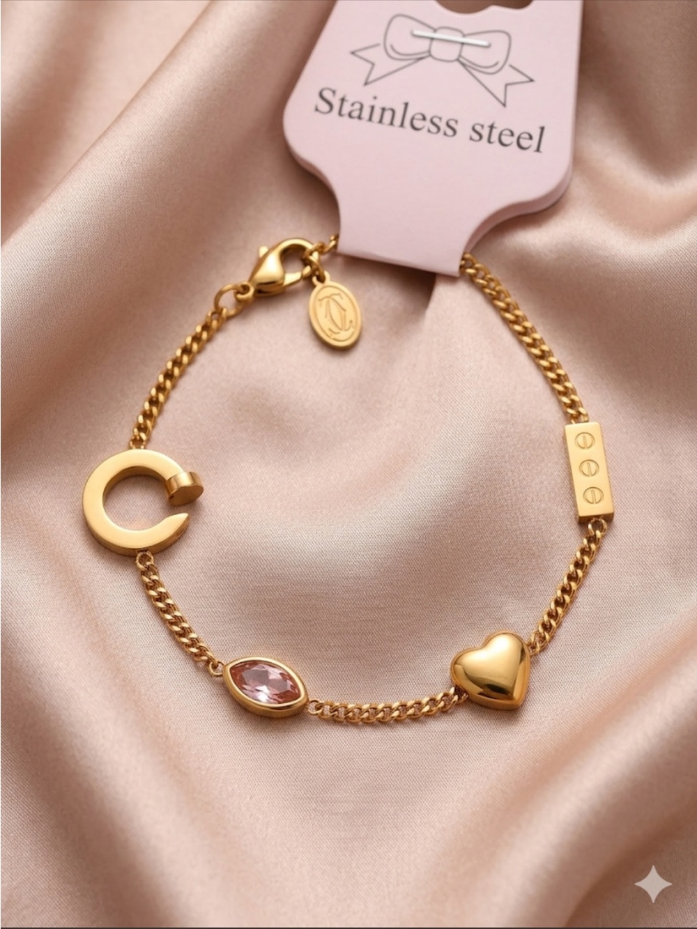 Fashion Jewelry Gold-Tone Charm Bracelet with Pink Stone